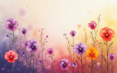 Fototapeta premium Digital Painting of Whimsical Field of Flowers in Purple, Pink, and Orange with Soft Yellow to Pink Gradient