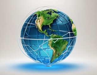 Stylized digital globe logo, featuring interconnected lines and dots to symbolize global connectivity and advanced technology, in cybernetic blue and digital green colors, white background
