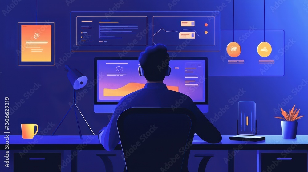 Poster digital workspace: the digital workspace of a man, bathed in the soft glow of a computer screen, hin