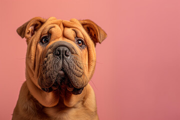 Obraz premium Chinese Shar-Pei dog on minimalistic colorful background with Copy Space. Perfect for banners, veterinary ads, pet food promotions, and minimalist designs.