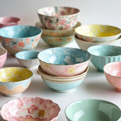 **Create a beautifull patterns-textures background of old dessert bowls and white background with multi color patterns-textures 