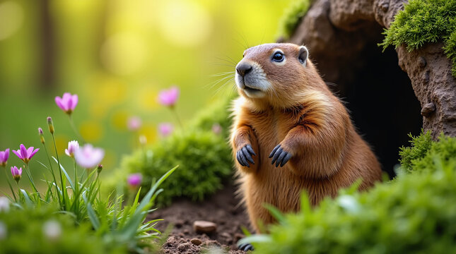 Curious groundhog at burrow entrance surrounded by colorful spring flowers