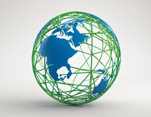Stylized digital globe logo, featuring interconnected lines and dots to symbolize global connectivity and advanced technology, in cybernetic blue and digital green colors, white background