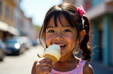 Smiling Child Enjoying Ice Cream on a Sunny Day
