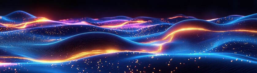 Obraz premium Imaginary landscape of pulsating neon blues & purples, cosmic rivers of golden energy, ultra-HD, abstract sci-fi