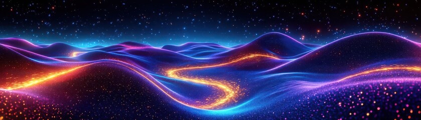 Obraz premium Imaginary landscape of pulsating neon blues & purples, cosmic rivers of golden energy, ultra-HD, abstract sci-fi