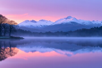 Misty sunrise over snow-capped mountains
