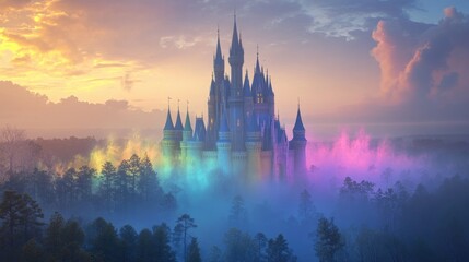 Fototapeta premium Majestic castle surrounded by colorful mist in a beautiful landscape setting