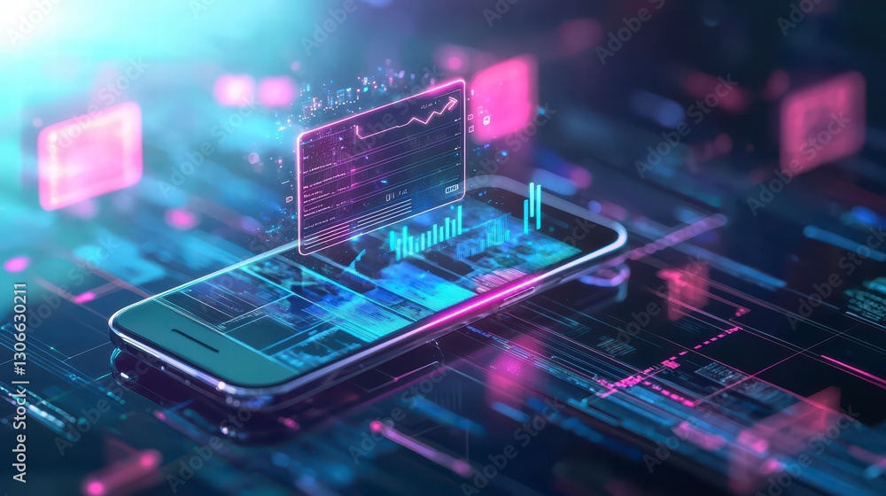 Poster tech age mobile: an elegant smartphone showcases glowing data streams and charts, hinting at the int