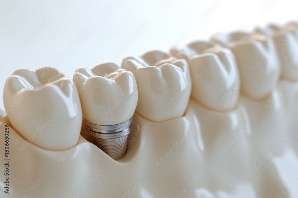 Poster detailed 3d model showcasing a dental arch with an implant surrounded by natural teeth in a light gr