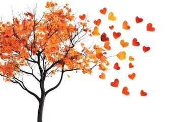 Fototapeta premium Autumn Tree for Heart Leaves Falling, White Background.