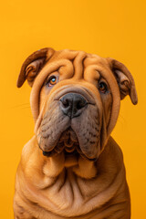 Obraz premium Chinese Shar-Pei dog on minimalistic colorful background with Copy Space. Perfect for banners, veterinary ads, pet food promotions, and minimalist designs.