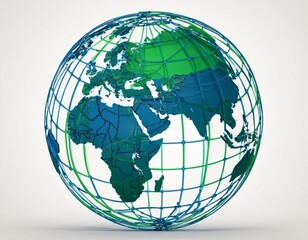 Stylized digital globe logo, featuring interconnected lines and dots to symbolize global connectivity and advanced technology, in cybernetic blue and digital green colors, white background
