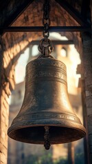 Obraz premium Ancient bronze bell, church ruins, sunrise, history, tourism