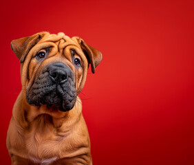 Obraz premium Chinese Shar-Pei dog on minimalistic colorful background with Copy Space. Perfect for banners, veterinary ads, pet food promotions, and minimalist designs.