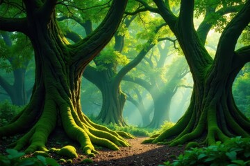 Ancient trees draped in moss, lush green canopy, wildlife, natural, branches