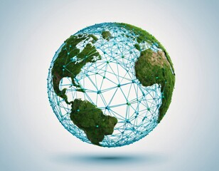 Stylized digital globe logo, featuring interconnected lines and dots to symbolize global connectivity and advanced technology, in cybernetic blue and digital green colors, white background
