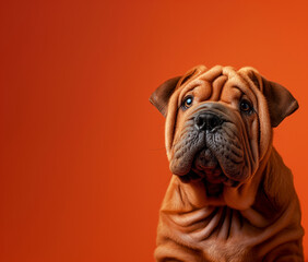 Obraz premium Chinese Shar-Pei dog on minimalistic colorful background with Copy Space. Perfect for banners, veterinary ads, pet food promotions, and minimalist designs.