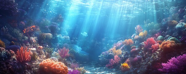 Fototapeta premium Vibrant coral reef teeming with colorful fish. Sunbeams illuminate the underwater scene, creating a breathtaking spectacle of marine life.