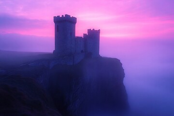 Obraz premium Misty Sunset Over Coastal Ruin