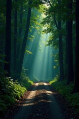 Obraz premium Dark, shadowy forest road disappears into dense foliage , undergrowth, twilight, Forest path