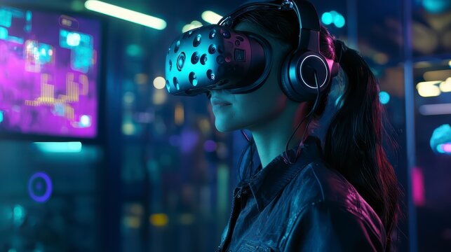 Immersed in Virtual Reality: A person wearing a VR headset experiences the depths of virtual reality. capturing the immersive world and technology.