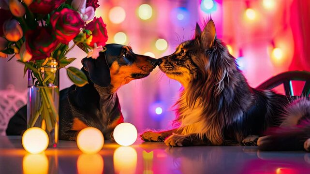 Two dogs gaze lovingly at each other, illuminated by vibrant lights and a fresh bouquet of roses on the table, creating a warm atmosphere