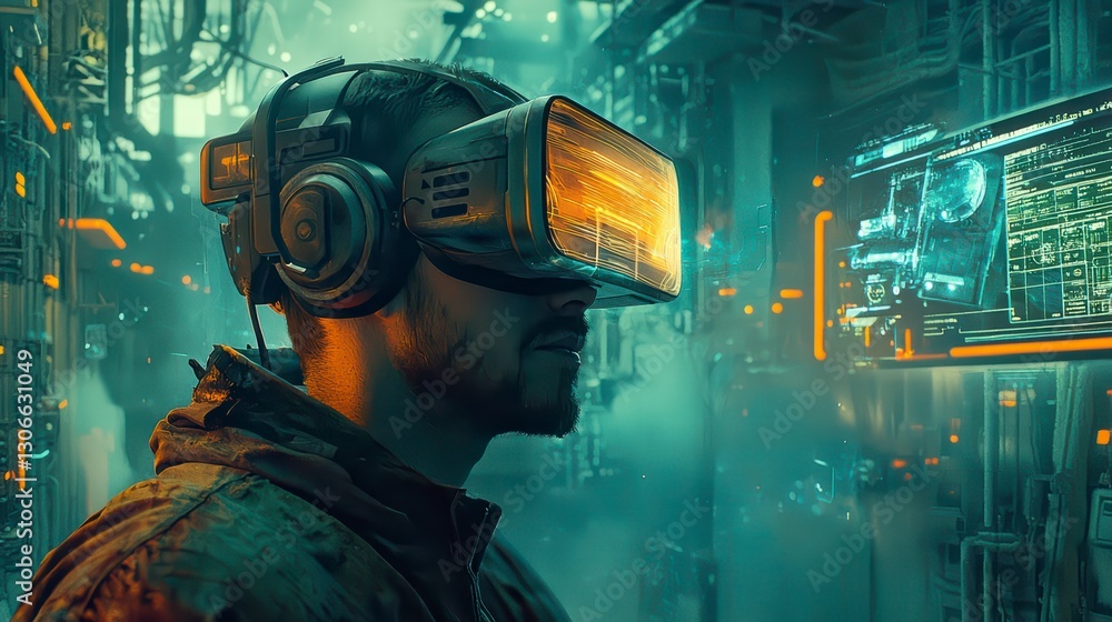 Poster immersed in the future: a person wearing a futuristic virtual reality headset, navigating a technolo