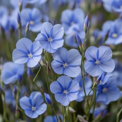 A vibrant patch of delicate blue flowers blooms amidst lush green grass, their petals glistening in the sunlight, creating a stunning contrast against the verdant backdrop.