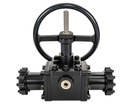 Industrial black gate valve with handwheel on a transparent background