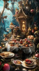 Obraz premium Enchanted fairytale forest scene with a whimsical cottage, abundant feast, and magical lighting. Perfect for fantasy, fairytale, and food themes.