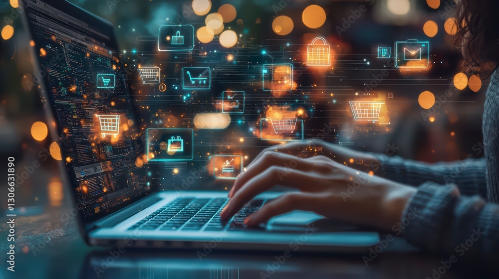 Poster digital connection: a person's hands typing on a laptop, enveloped by digital graphics representing 