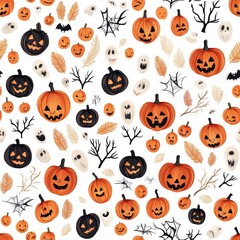 Spooky halloween wallpaper pattern with graffiti pumpkins ghosts and spider webs vibrant background for festive decor