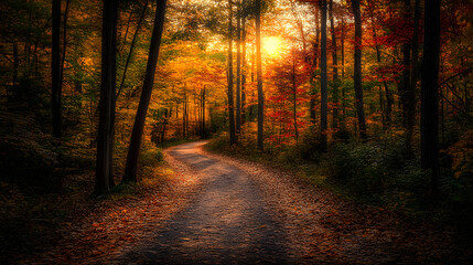 A forest in autumn, with trees adorned by golden leaves and sunlight filtering through the branches
