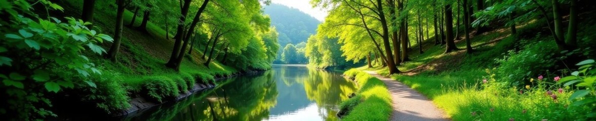Fototapeta premium Winding riverside path, lush foliage, sunlight dappled, trail, reflections