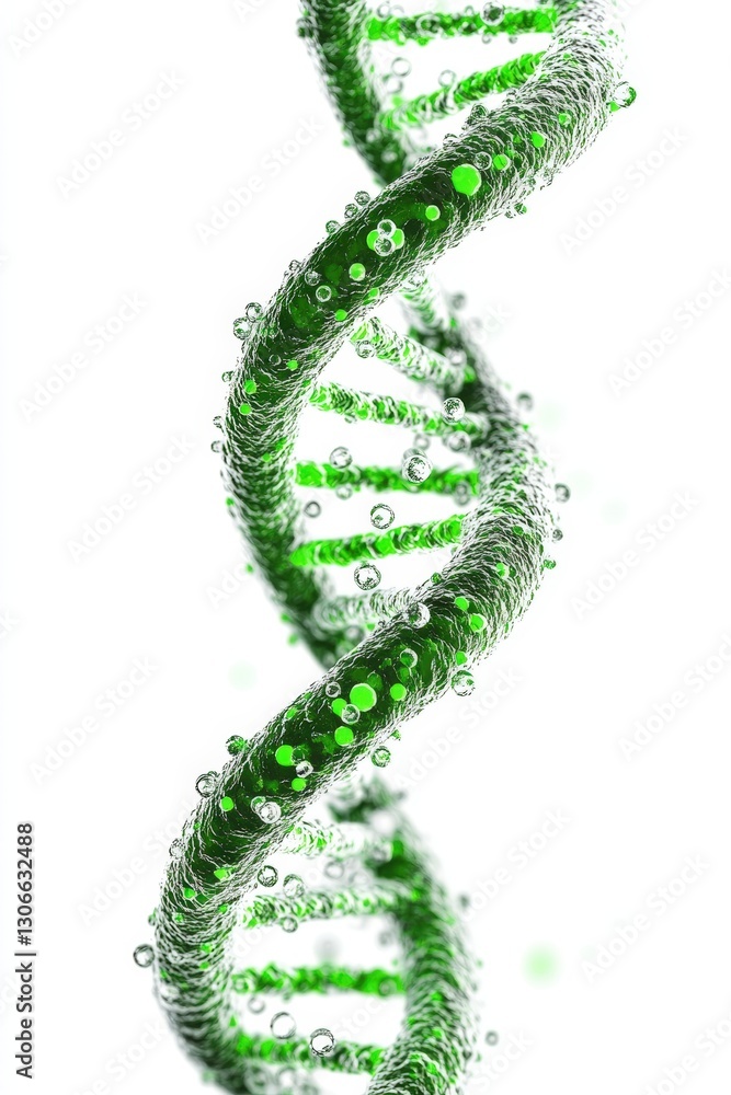 Poster green dna structure on white background with bubble effects representing biological complexity and m