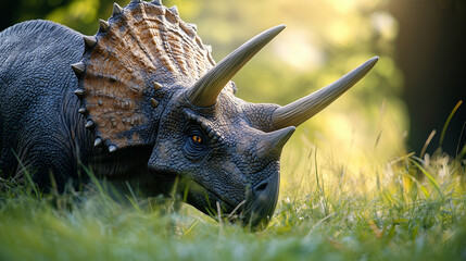 close up of Triceratops peacefully grazing in lush, green field, bathed in warm sunlight, creating serene and prehistoric scene