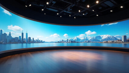 Room Studio, Backdrop For TV Shows .TV On Wall.3D Virtual News Studio Background, 3d illustration