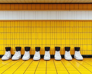 Five pairs of pristine white shoes are neatly arranged in a row against a vibrant yellow wall, creating a striking contrast that highlights their clean design and modern style.