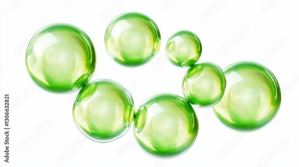 Poster transparent green bubbles floating on a light background with soft reflections and highlights in a c