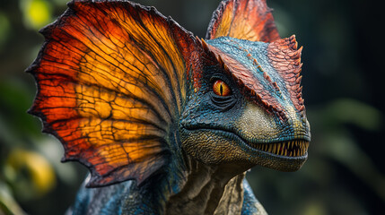 Dilophosaurus with its frills extended in wild, its colorful frills proudly display as it scouts environment