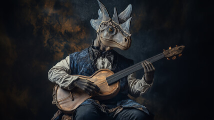 elegant Parasaurolophus musician plays guitar with passion, creating beautiful music and feeling inspired on smoky background