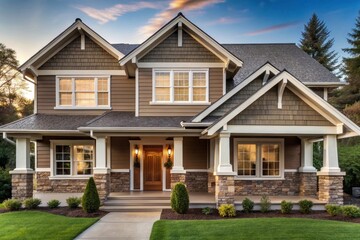 Dream Home Exterior Elegant Two-Story House with Stone Accents and Expansive Porch at Dusk