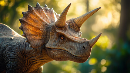Gentle Triceratops portrait showcasing its impressive horns and sturdy build, evoking sense of calm and prehistoric power