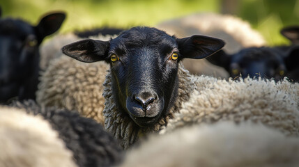 Naklejka premium A close-up of a black-faced sheep surrounded by others in a pastoral setting.