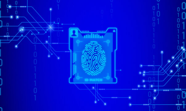 A digital interface displays a fingerprint alongside identification information, emphasizing biometric recognition technology in a cybersecurity context.