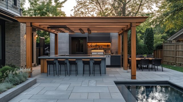 Outdoor patio area with built-in BBQ, bar. Contemporary design with wooden pergola, grey stone counter. Black bar stools, outdoor furniture. Pool is next to patio. Relaxation, 32k Resolution