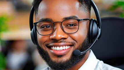 Happy customer service man representative wearing headset is smiling at camera