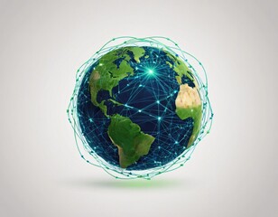 Stylized digital globe logo, featuring interconnected lines and dots to symbolize global connectivity and advanced technology, in cybernetic blue and digital green colors, white background