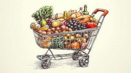 Artistic depiction of a full shopping cart with diverse groceries and foods